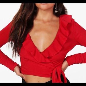 Boohoo red ruffle wrap tie front crop top